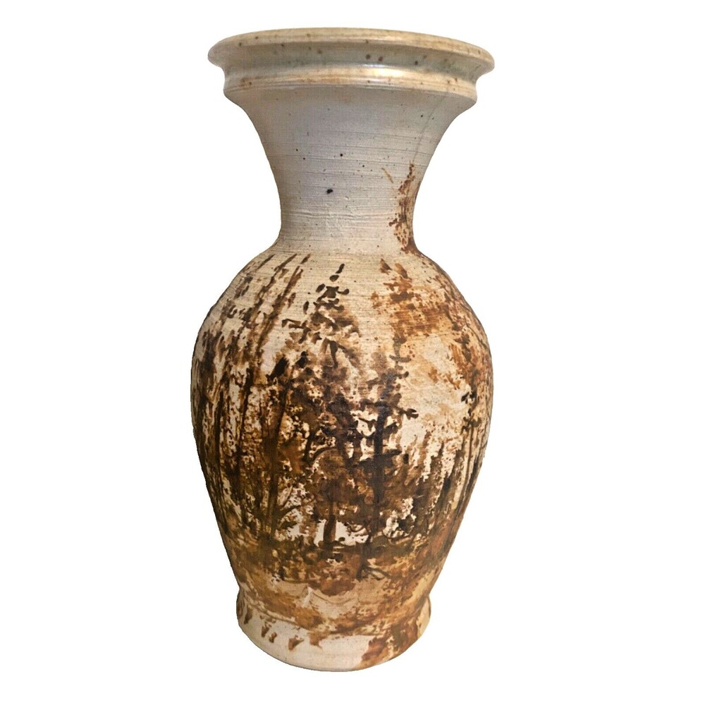 VTG 1980 RON KROGH Vase LANDSCAPE Nature Trees CERAMIC ART POTTERY Signed Etched